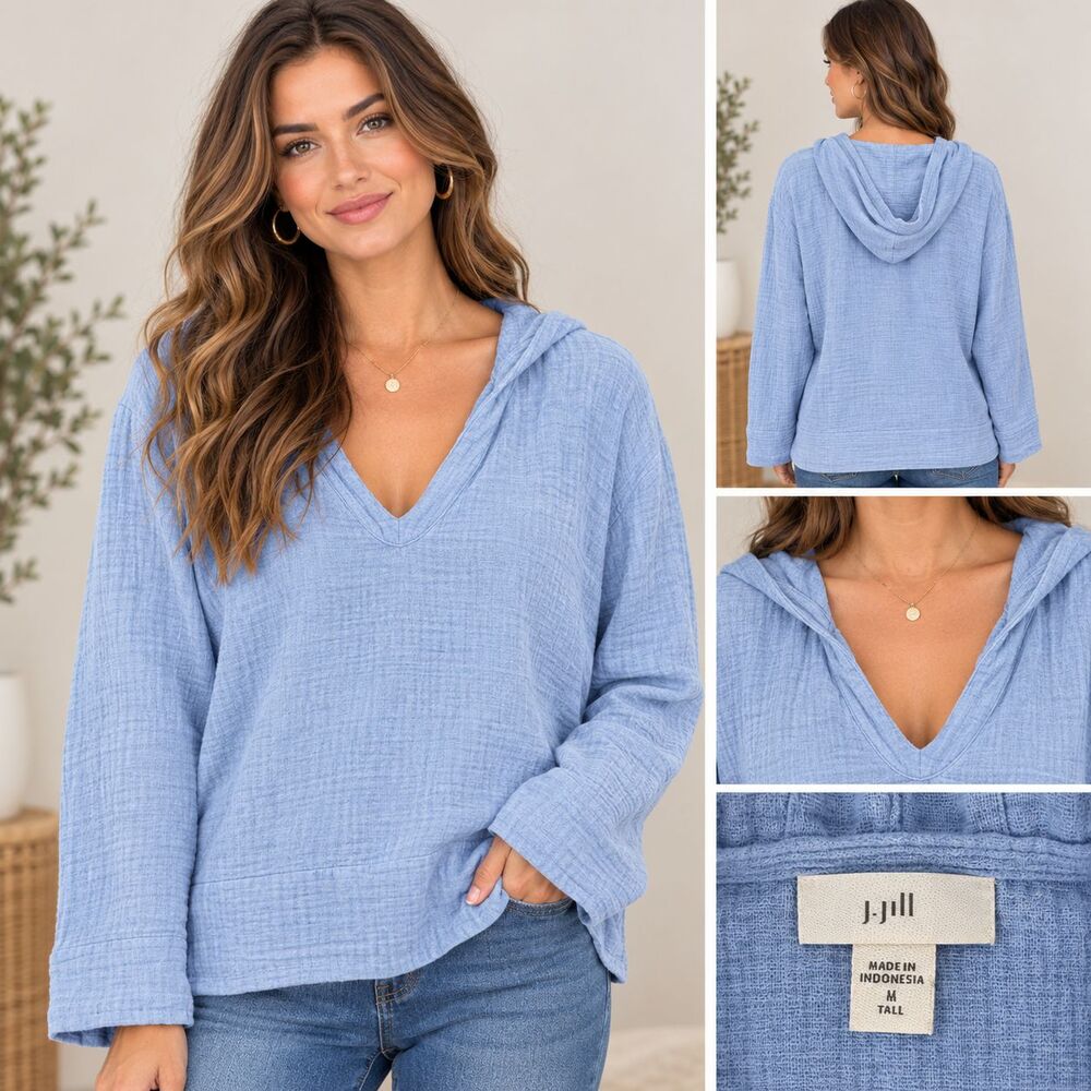 J. Jill Light Blue Cotton Gauze Hooded Top Womens Size Medium